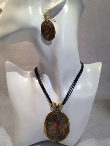 Shikara Gold & Silver Colored Oval Pendant Fashion Necklace w/ Earrings