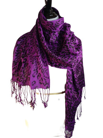 Kashmir Cotton Purple & Black Leopard Print Pashmina